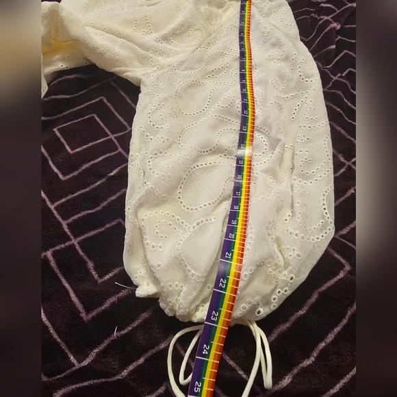 ALICE+OLIVIA Sherrie Gathered 3/4 Sleeves Mini Dress. Off White. Size L - Picture 13 of 16